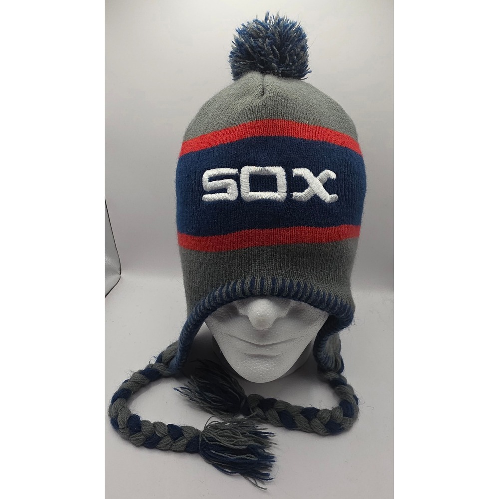 Chicago White Sox Knit Beanie Hat Pom Pom Ear Flaps Tassels MLB Baseball